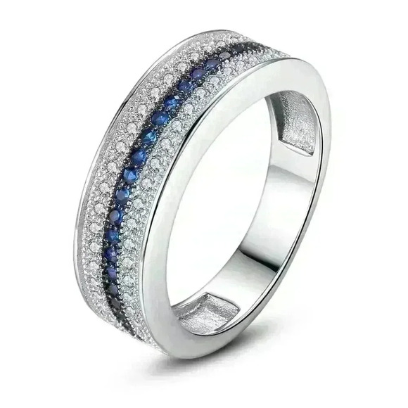🎁925 Silver Plated 3A CZ Blue & White Color Micro Paved Ring, GPMB1489 - Picture 1 of 5